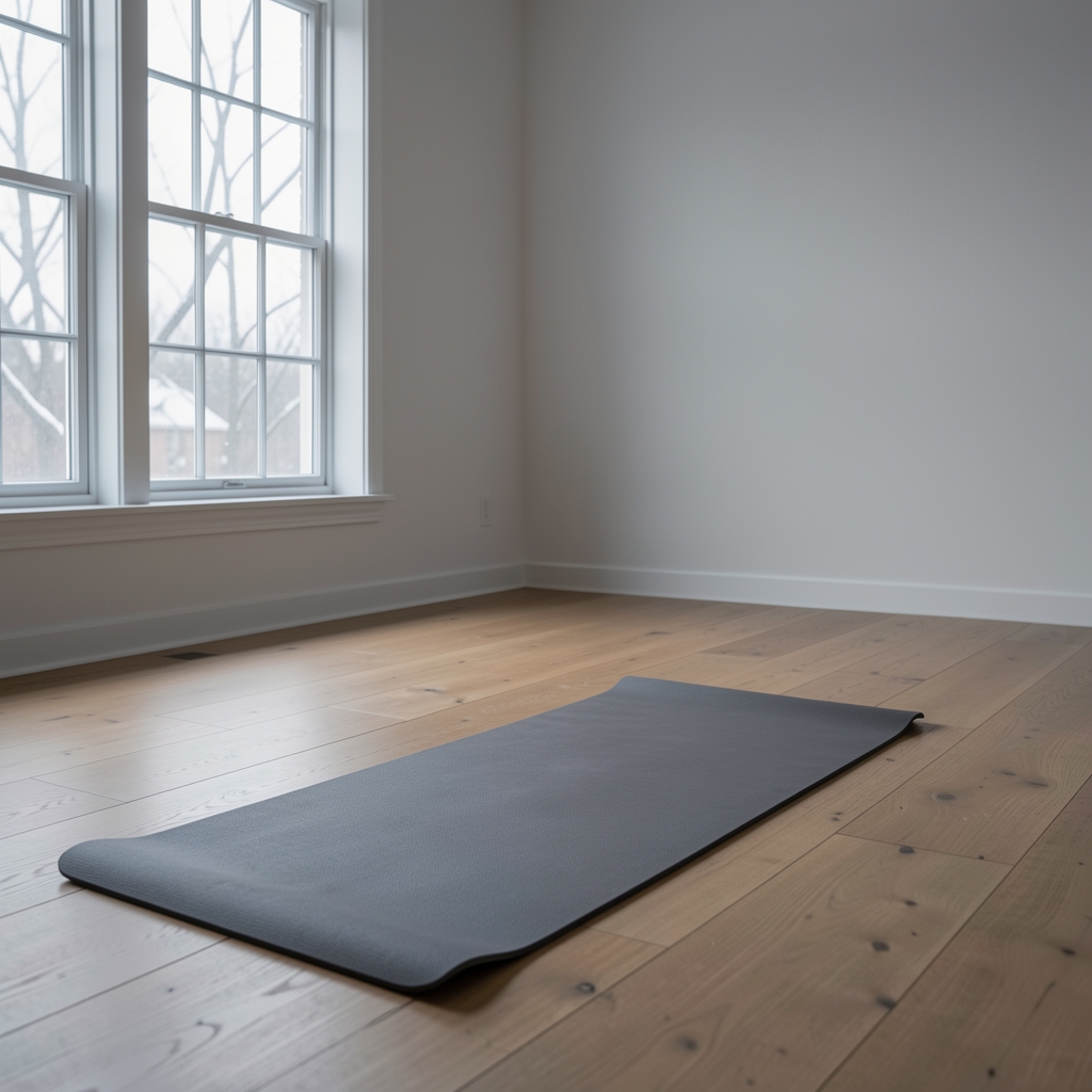 Yoga mat rolled beside a wooden window sill, early morning light casting long shadows across pale floorboards