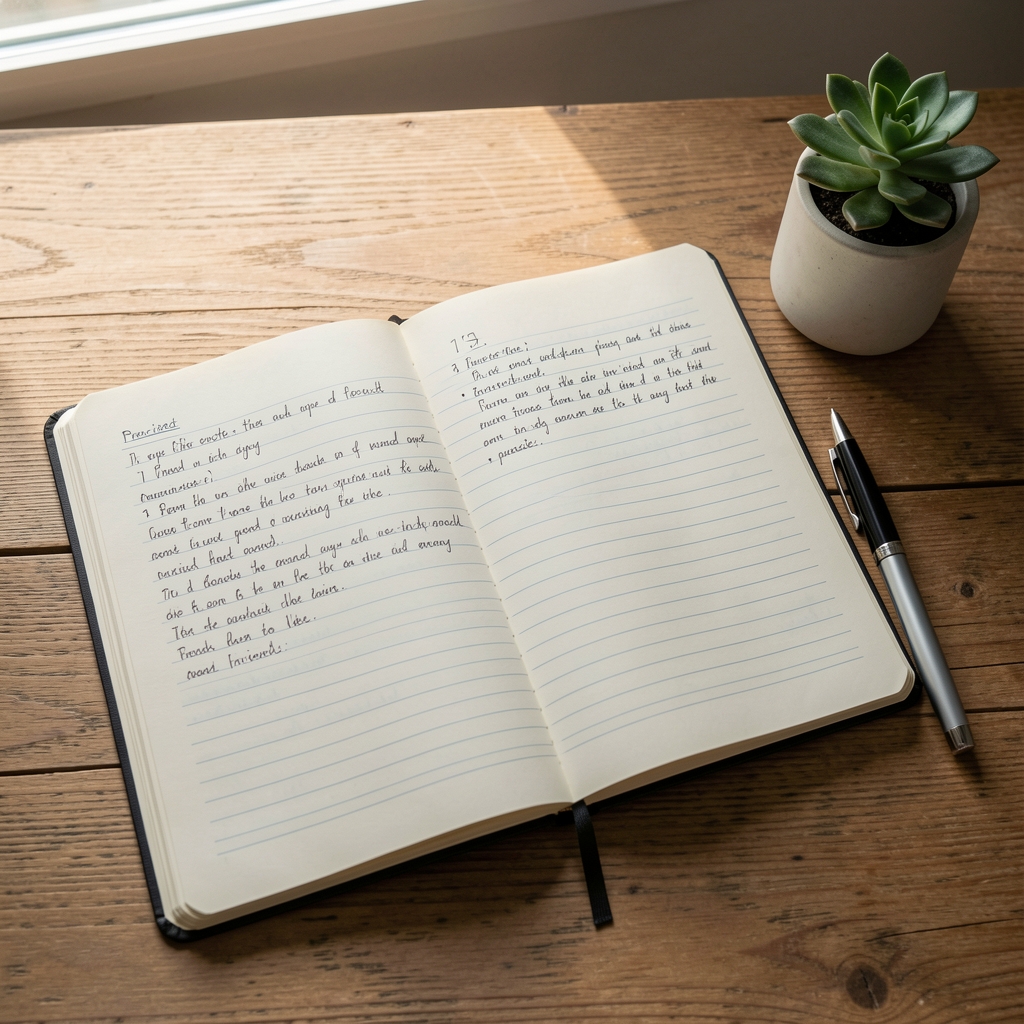 Open notebook on a wooden desk showing handwritten practice notes, alongside a pen and a small plant, soft natural light