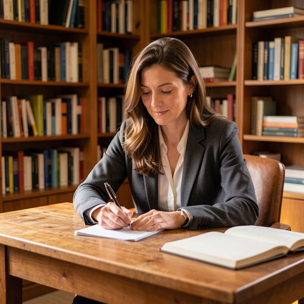 Woman in her mid-thirties sitting at a wooden desk writing, bookshelves visible behind her, warm studio lighting