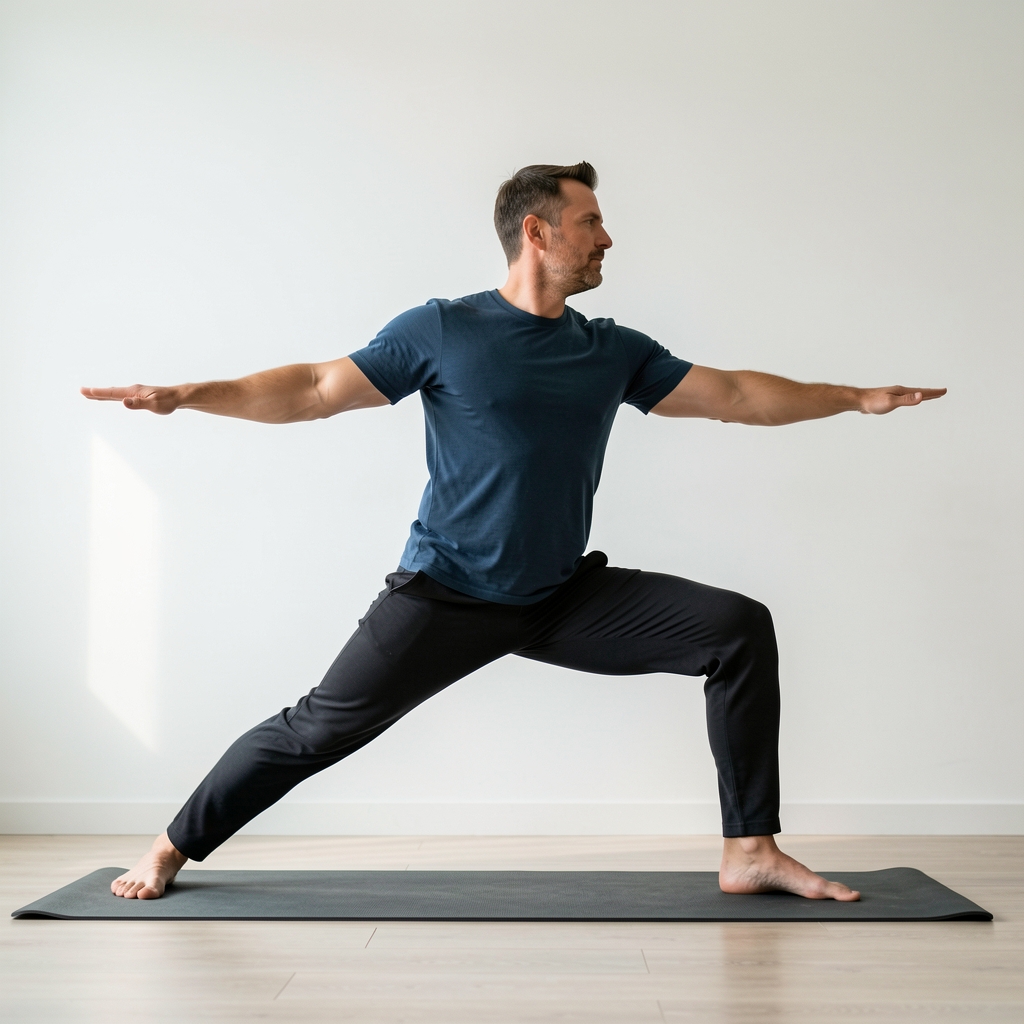Man in his early forties on a yoga mat in a warrior pose, photographed from a low angle against a plain white wall