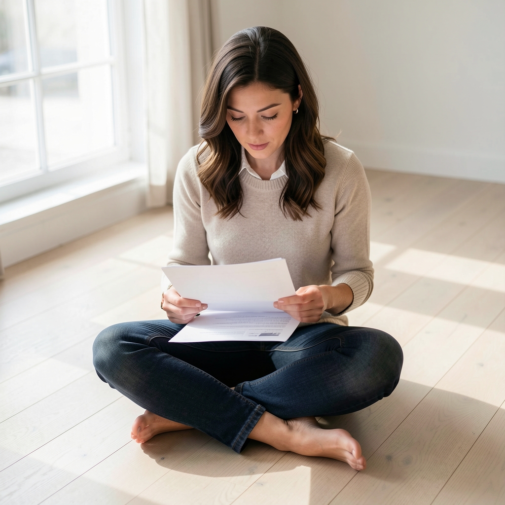 Woman sitting cross-legged on a pale wooden floor in natural light, reviewing printed notes in her lap