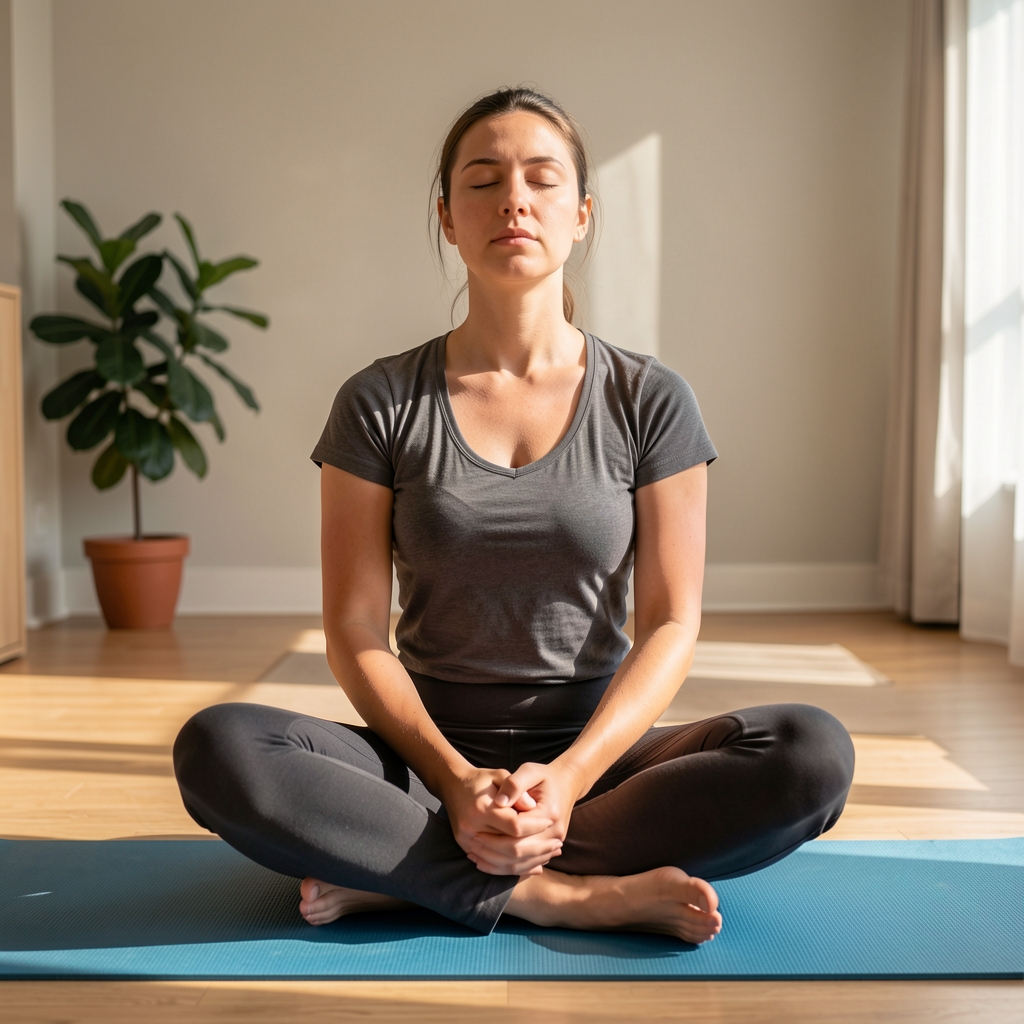 Person seated cross-legged on a yoga mat in a sunlit room, hands resting on knees, eyes closed in quiet concentration