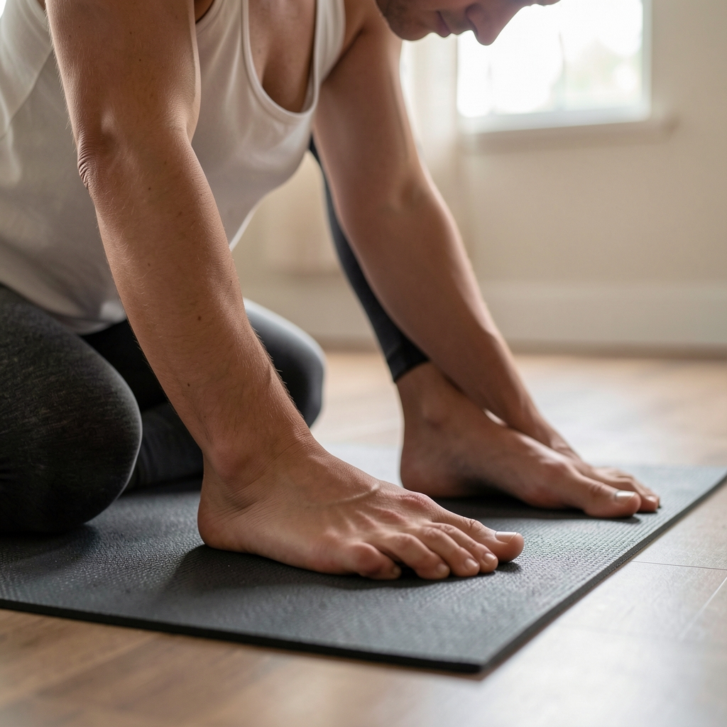 Close view of two bare feet pressing into a yoga mat during a seated forward fold, natural light from a low window