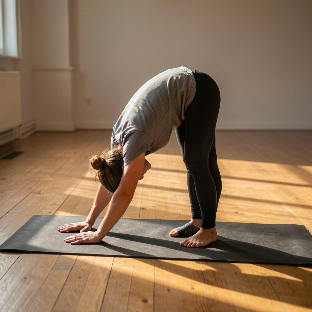 Practitioner in a forward fold pose on a dark mat, early morning light crossing a wooden studio floor
