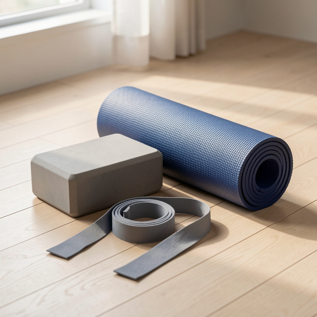 Yoga block and strap arranged neatly beside a rolled mat on a pale wooden floor, side light from a nearby window