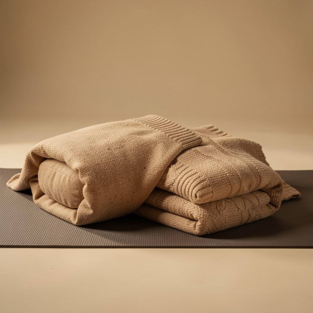 Bolster and folded blanket arranged on a yoga mat for a supported butterfly pose, controlled warm studio lighting